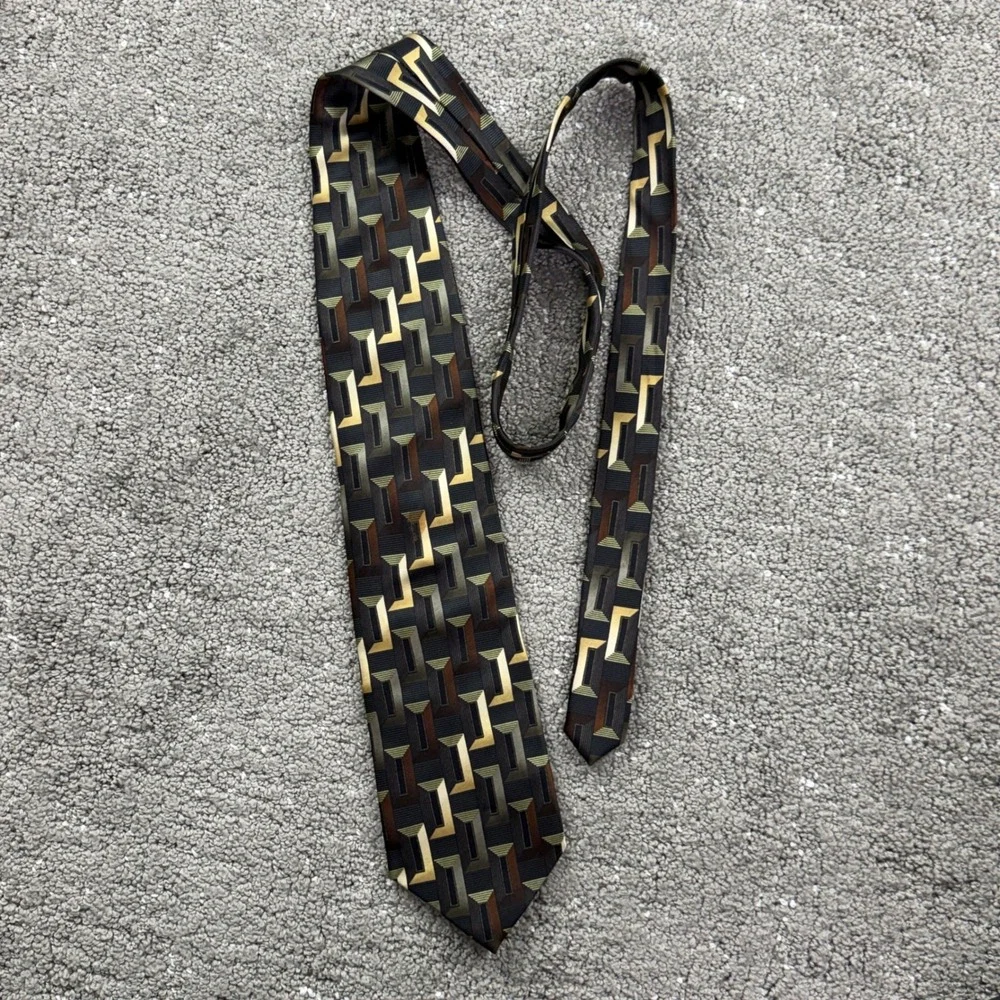 Valerio Garati Mens Silk Tie Black Gold Brown Geometric Handmade 59